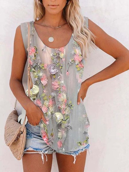 

Floreale Senza Maniche Stampato Misto Cotone Girocollo Vacanza Estate Rosa Superiore, Blouses & Shirts