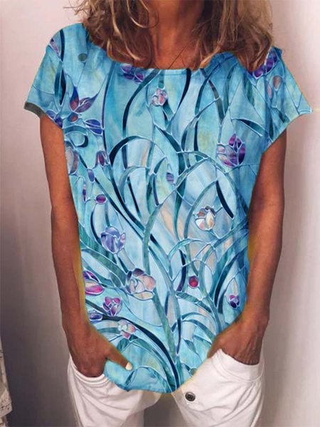 

Maniche Corte Stampato Casuale Girocollo Top, Blu, Blouses & Shirts