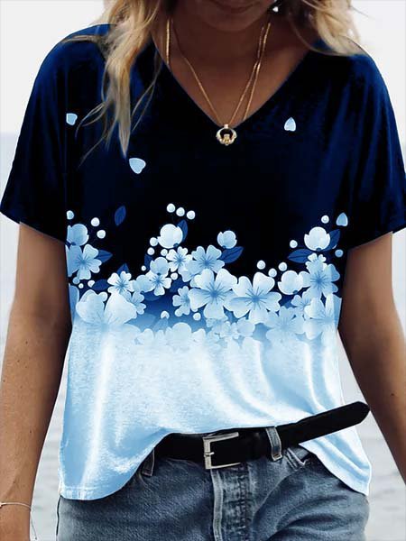 

Maniche Corte Casuale Scollo a V Stampato Floreale Top, Blu, Tops