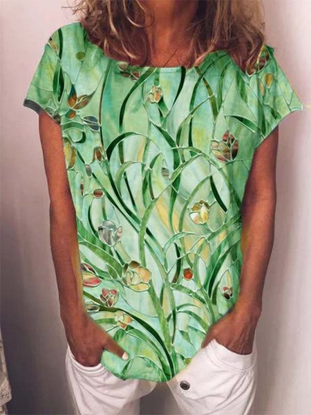 Misto Cotone Maniche Corte Stampato Casuale Top, Verde, Blouses & Shirts