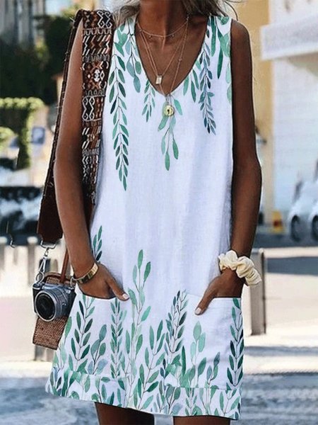 

Dritto Scollo a V senza maniche Gonna Casuale, Bianco, Mini Dresses