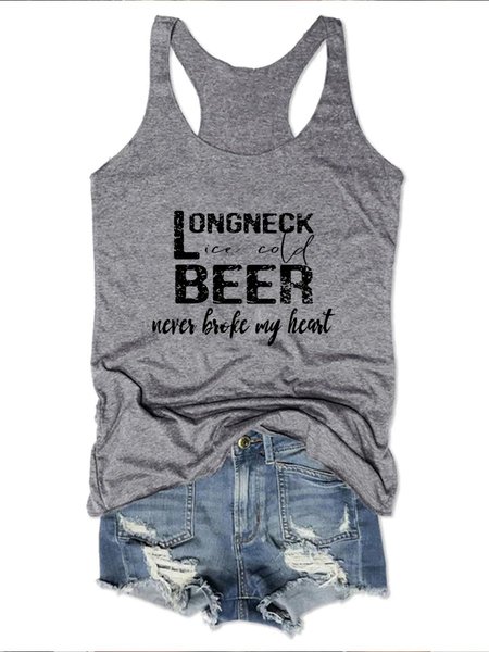 

Long Neck Ice Cold Beer Never Broke My Heart Tank, Gray, Tank Tops