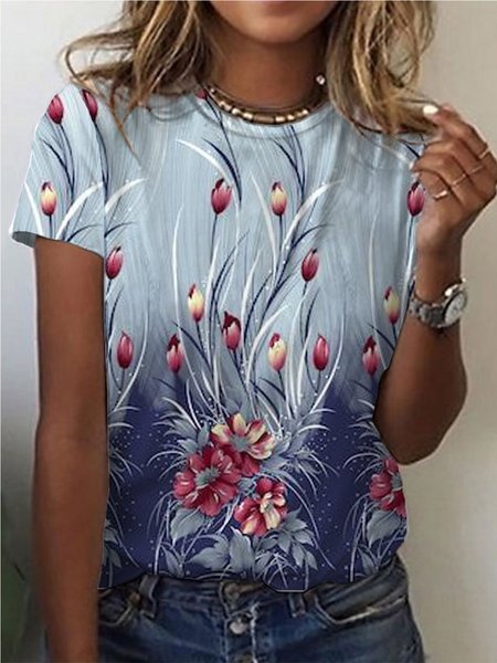 

Girocollo Floreale Maniche Corte Vacanza Top, Blu, Tops