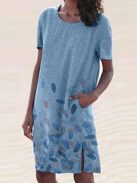 

Summer Loose Plant Leaf Printing Holiday Short Sleeve Women Dress, Blue, Mini Dresses