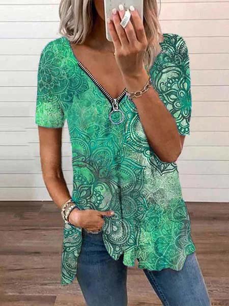 

Scollo a V Maniche Corte Stampato Casuale Top, Verde, Blouses & Shirts
