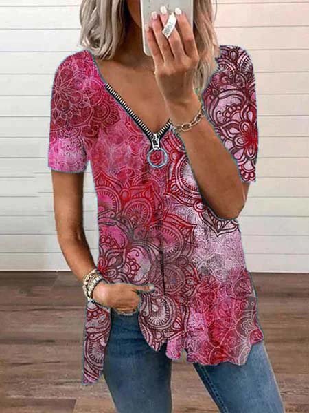 

Stampato Maniche Corte Casuale Scollo a V Top, Rosso, Blouses & Shirts