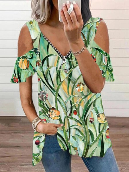 

Le foglie Casuale Misto Cotone Scollo a V Top, Verde, Tops