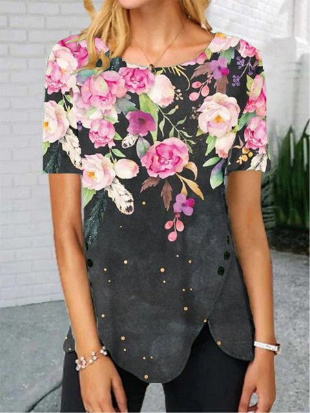 

Casuale Floreale Maniche Corte Top, Nero, T-Shirts