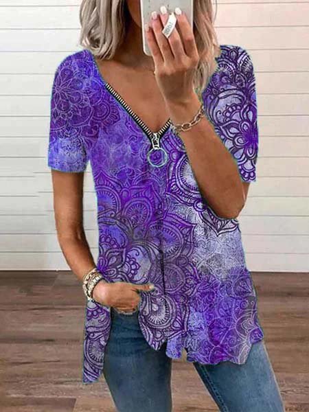

Stampato Casuale Scollo a V Top, Viola, Tops