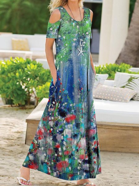 

Estate Tempo libero Vacanza Multicolore Piante E Floreale Girocollo Ricorrere Maniche Corte Abito, Dresses