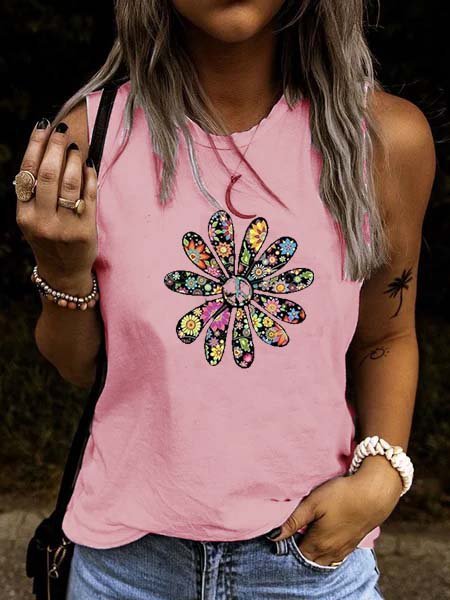 

Casuale senza maniche Misto Cotone Stampato Floreale Top, Rosa, Tops