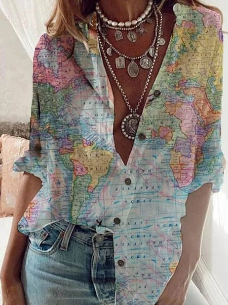 

Vintage Map Shift Short Sleeve Graphic Shirt Collar Blouse, As picture, Shirts & Blouses