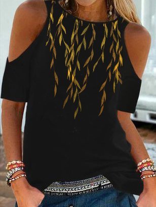 

Casuale Spalla Nuda Le foglie Top, Nero, Tops