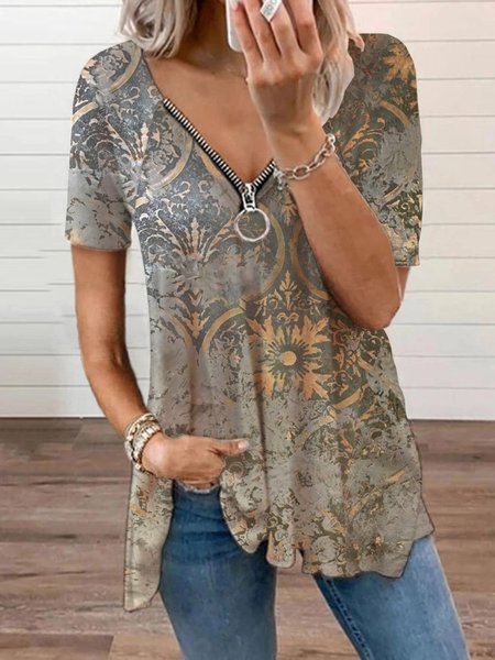 

Cotton-Blend Short Sleeve Printed Shirts & Tops, Camel, Blouses & Shirts