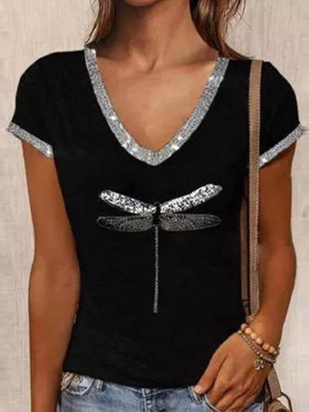 

Casual Dragonfly Printed Tops, Black, T-Shirts