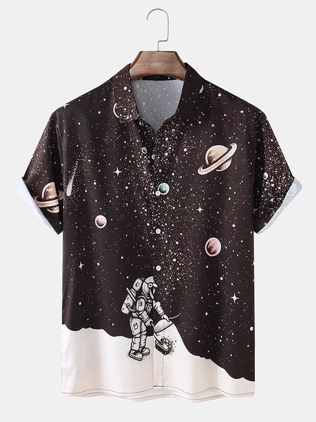 

Mens Starry Sky Astronaut Planet Print Street Short Sleeve Shirts, Black, Men's shirts