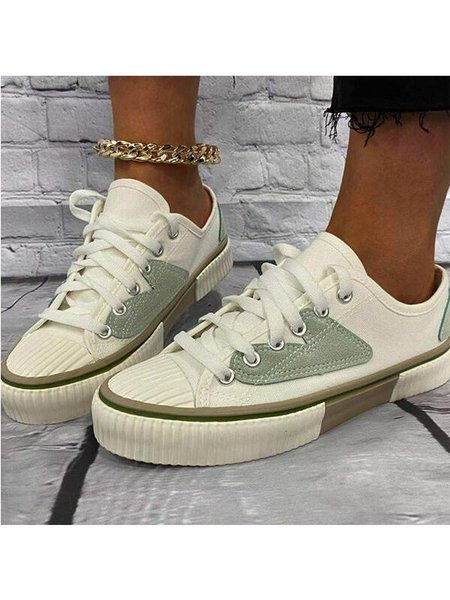 

omen's Canvas Flat Heel Flats Low Top Espadrille With Lace-up shoes, White-green, Shoes