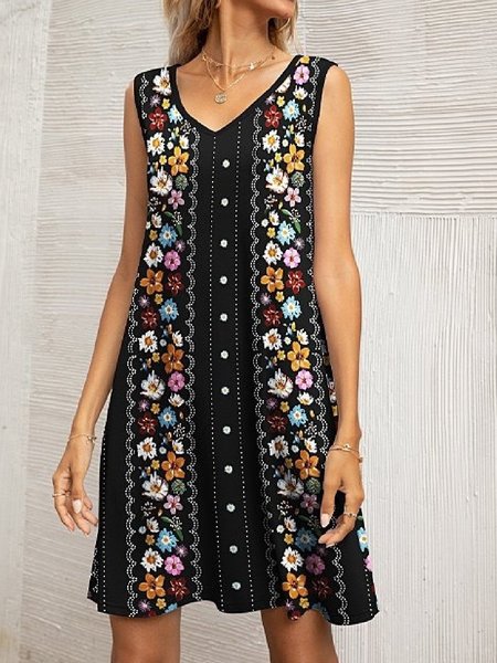 

Casuale Floreale senza maniche Scollo a V Abito, Nero, Dresses