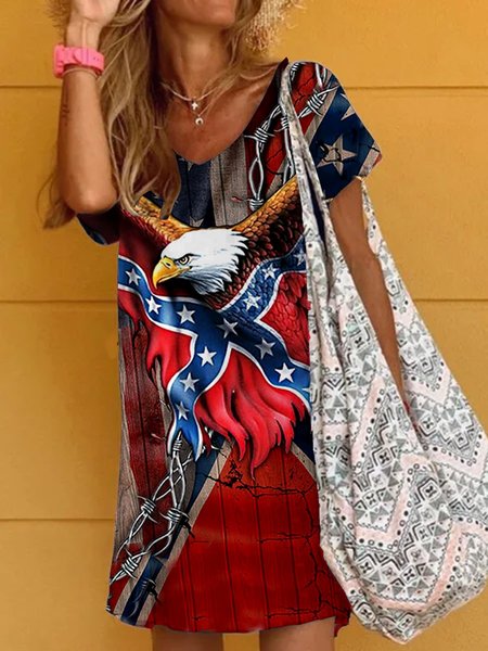 

V Neck A-Line Short Sleeve Flag Knitting Dress, As picture, Casual Dresses