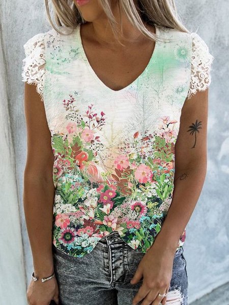 

Scollo a V Vacanza Maniche Corte Stampato Floreale Top, Multicolore, Tops