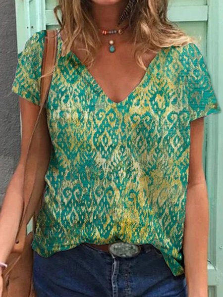 

Casuale Maniche Corte Scollo a V Top, Verde, Tops