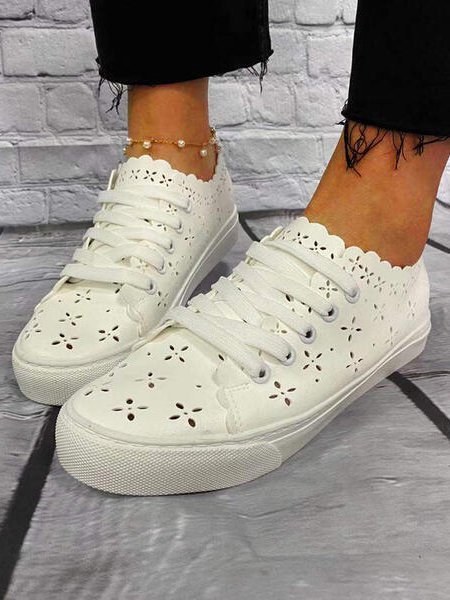 

Women's PU Flat Heel Flats Low Top With Lace-up Hollow-out shoes, White, Athletic & Casual Shoes