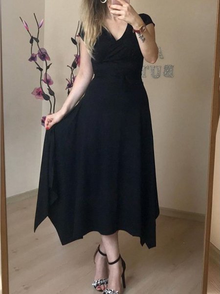 

V Neck Work Solid Maxi Dress, Black, Maxi Dresses
