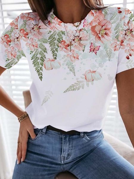 

Floreale Maniche Corte Stampato Misto Cotone Girocollo Casuale Estate Bianco Superiore, Tops