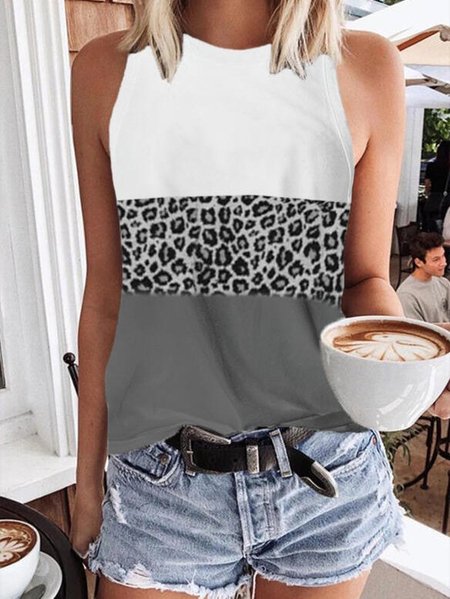

Color Block Leopard Round Neck Sleeveless Tank Tops, White, Tank Tops & Camis