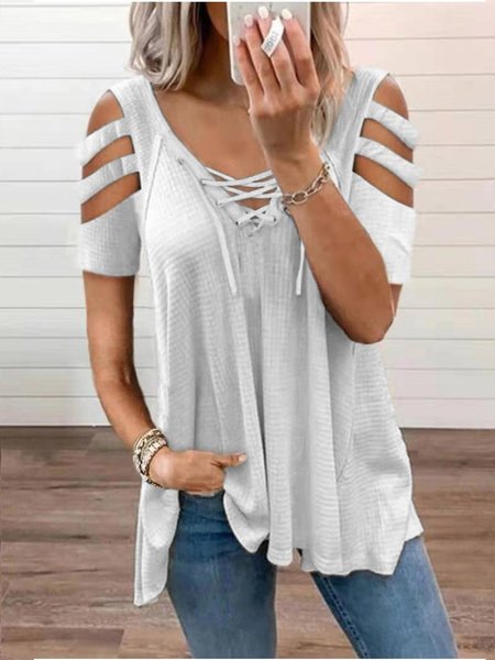 

Solid Cotton-Blend Short Sleeve V Neck Tops, White, T-Shirts