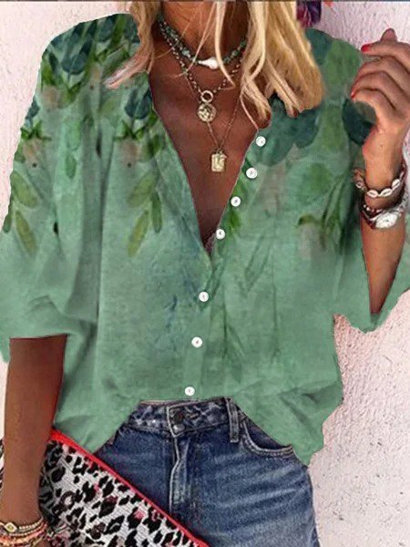 

Vintage 3/4 Manica Le foglie Stampata Floreale Scollo a V taglia grande Casuale Top, Verde, Tops