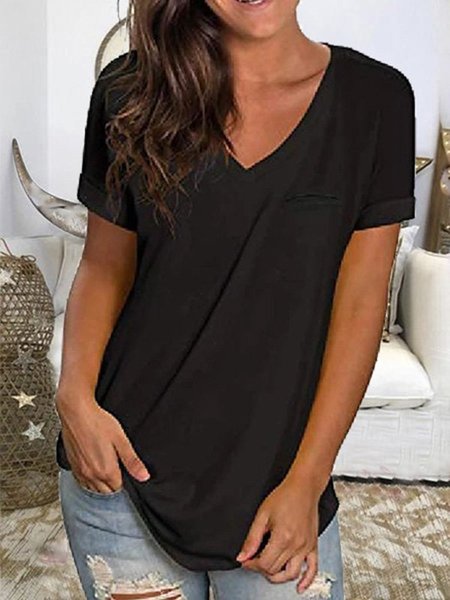 

Solido Scollo a V Misto Cotone Maniche Corte Top, Nero, Tops
