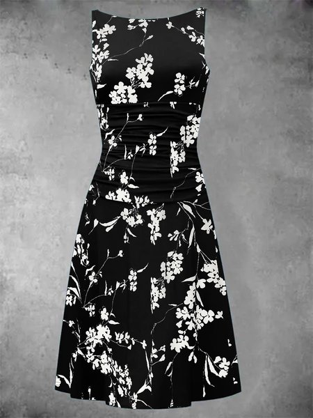 

Floreale Elegante A-line Misto Cotone Abito, Nero, Dresses