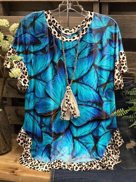 

Butterfly Graphic Short-Sleeved Casual Top, As picture, T-shirts