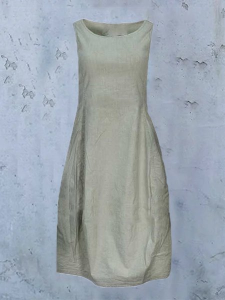 

Casual Cotton-Blend Solid Crew Neck Women Dress, Light khaki, Midi Dresses