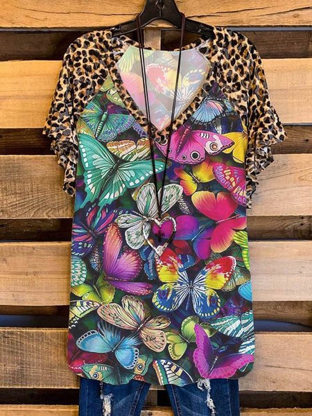 

Colorful Butterfly Graphic Short-Sleeved Casual Top, As picture, T-shirts