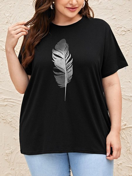 

Feather Print Pattern Short Sleeve Casual Cotton Crew Neck T-shirt, Black, T-Shirts