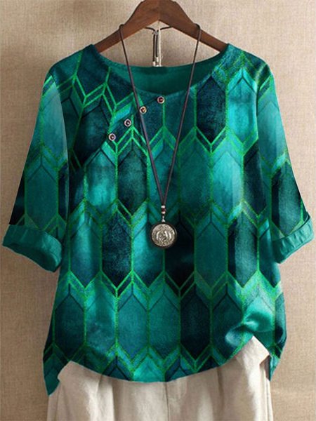 Mezza Manica Abbottonato Ombre/Tintura a nodi Top, Verde, Blouses & Shirts
