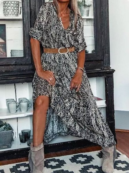 

Casual V Neck Floral-Print Weaving Dress, Black, Mini Dresses