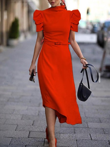 

Solido Maniche Corte Colletto Rialzato Abito Con Cintura, Rosso, Maxi Dresses