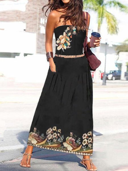 

Vintage senza maniche Geometrico Stampata Floreale taglia grande Gonna Casuale, Nero, Dresses