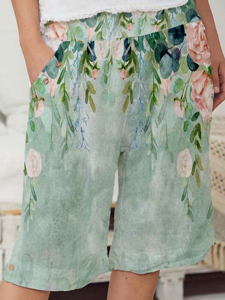

Casual Floral-Print Stretch Waist Shorts, Green, Shorts