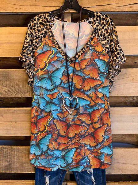 

Butterfly Graphic Short-Sleeved Casual Top, As picture, T-shirts
