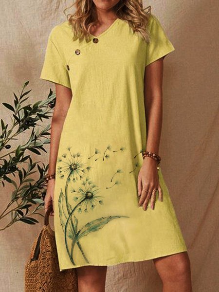 

A-line Maniche Corte Scollo a V Misto Cotone Abito, Giallo, Dresses