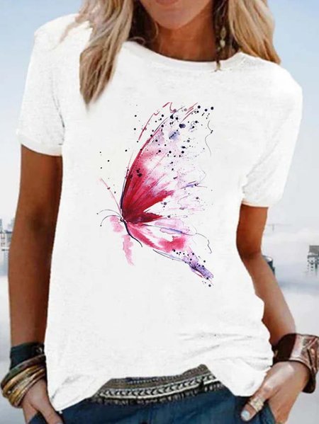 

Farfalla Maniche Corte Stampato Misto Cotone Girocollo Casuale Estate Bianco Superiore, Tops