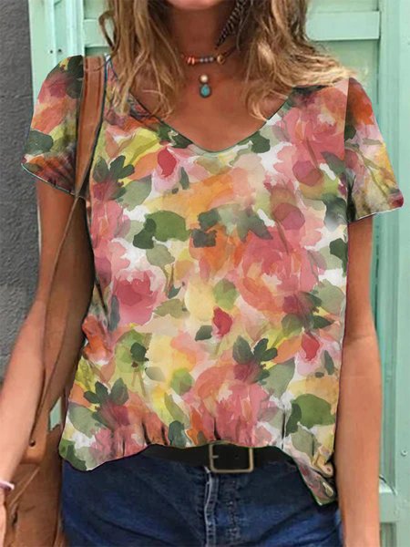 

Maniche Corte Vacanza Floreale Misto Cotone Top, Rosa, Tops