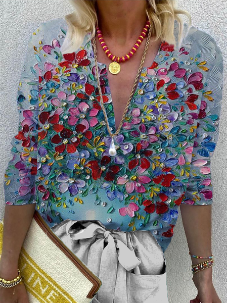 Bohemian Floreale Casuale Top, Blu, Blouses & Shirts