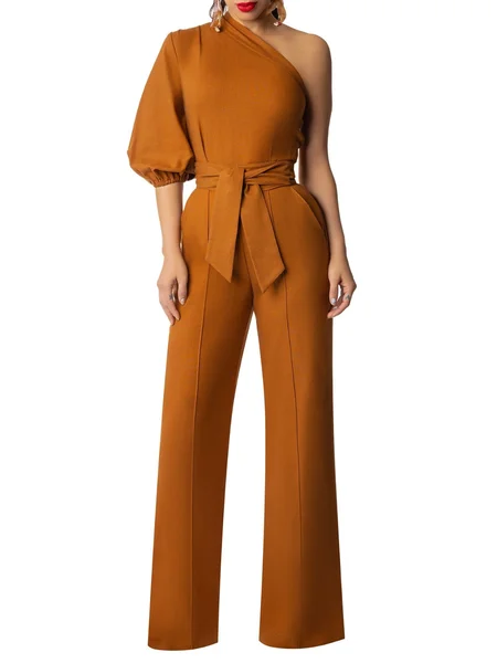 

Work One Shoulder Elegant A-Line Jumpsuit & Romper, Coffee, Jumpsuits