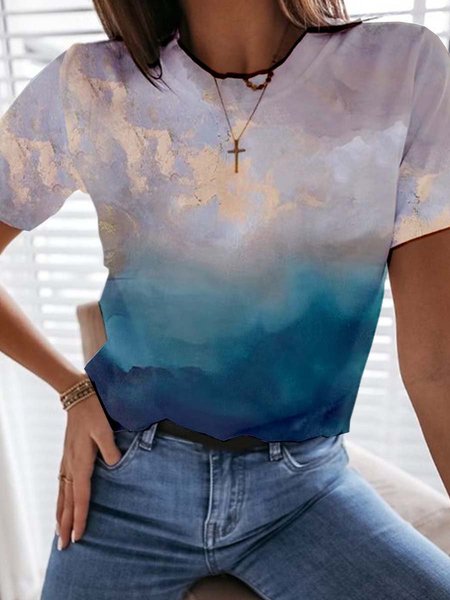 

Ombre/Tintura a nodi Maniche Corte Stampato Misto Cotone Girocollo Casuale Estate Blu Superiore, Tops