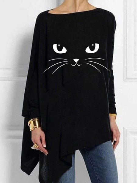

Nero Casuale Gatto Stampato Asimmetrico Maniche Lunghe Dritto Top, Blouses & Shirts